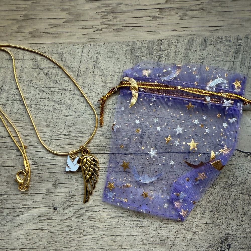 Gold Angel Wing and Dove Necklace with Gold/Purple Starry Gift Pouch